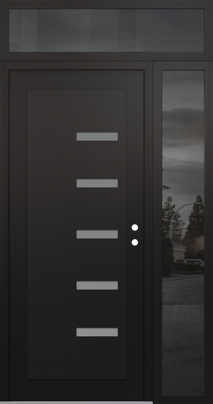 Modern Steel Front Door Diamond C8 50" x 96" black/white frosted Glass Panel black LHI with Sidelite and Transom mirrored Glass