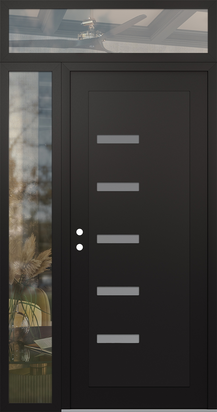 Modern Steel Front Door Diamond C8 50" x 96" black/white frosted Glass Panel black RHI with Sidelite and Transom clear Glass