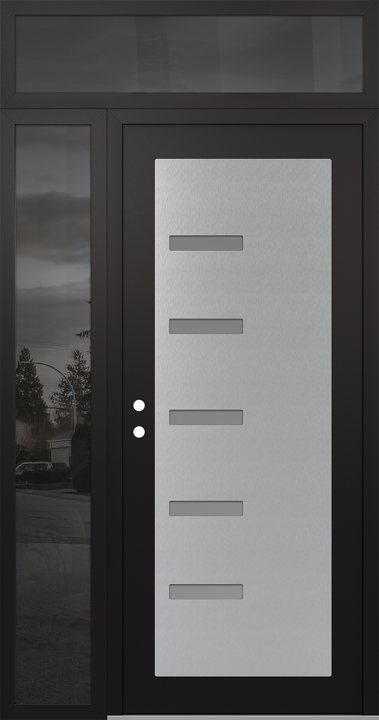 Modern Steel Front Door Diamond C8 50" x 96" black/white frosted Glass Panel stainless steel RHI with Sidelite and Transom mirrored Glass