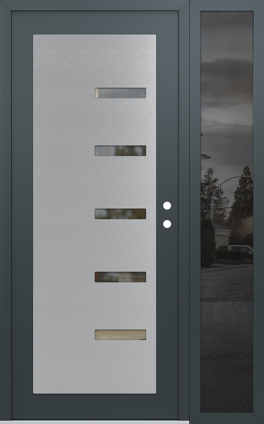 Modern Steel Front Door Diamond C8 52" x 80" anthracite/anthracite clear Glass Panel stainless steel LHI with Sidelite mirrored Glass