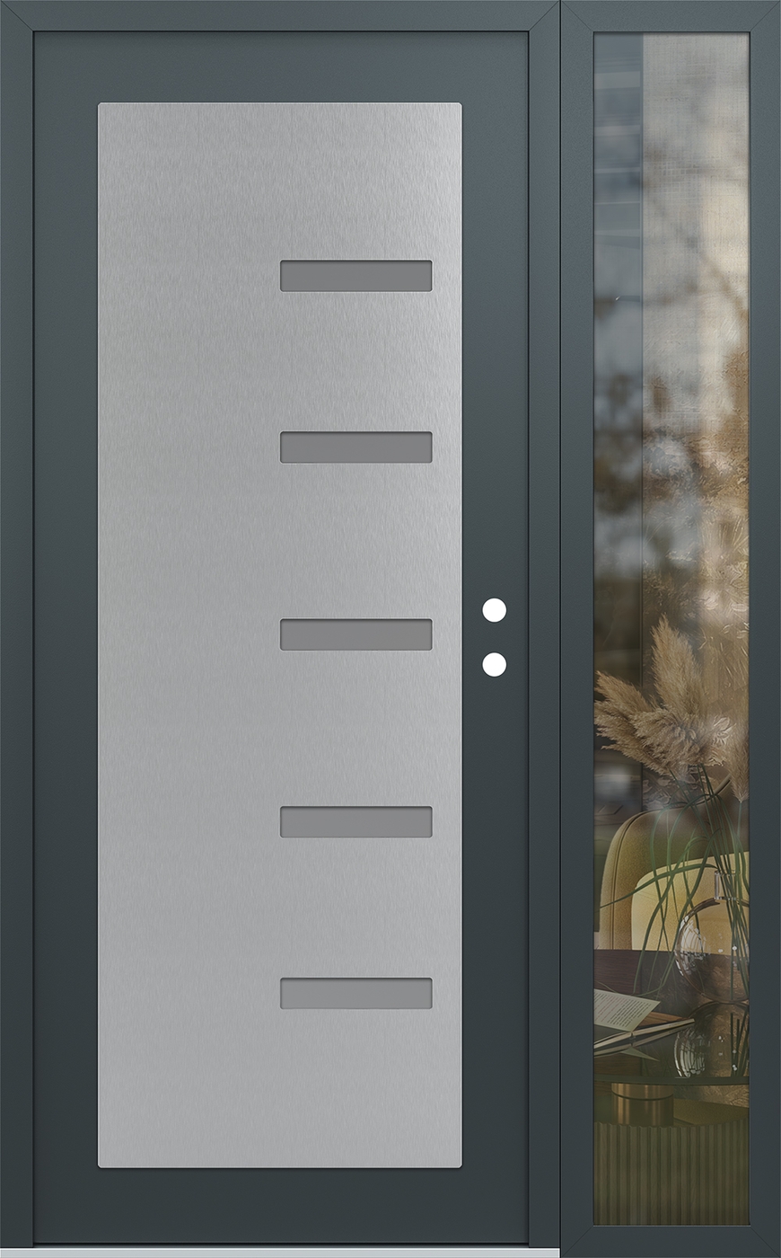 Modern Steel Front Door Diamond C8 52" x 80" anthracite/anthracite frosted Glass Panel stainless steel LHI with Sidelite clear Glass