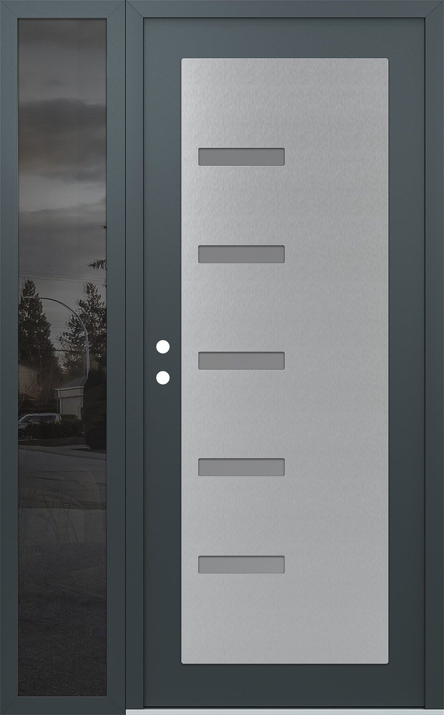 Modern Steel Front Door Diamond C8 52" x 80" anthracite/anthracite frosted Glass Panel stainless steel RHI with Sidelite mirrored Glass