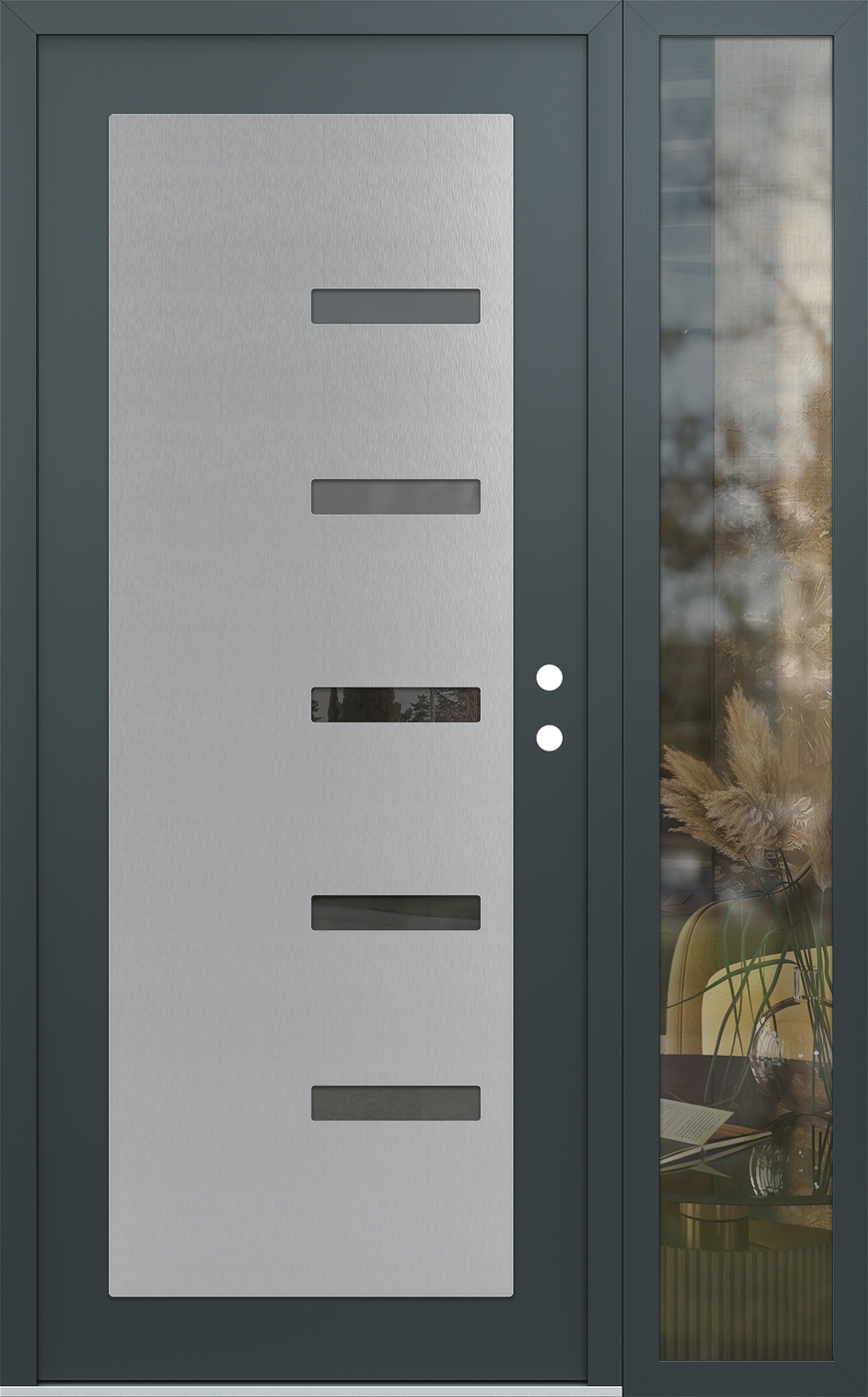 Modern Steel Front Door Diamond C8 52" x 80" anthracite/anthracite mirrored Glass Panel stainless steel LHI with Sidelite clear Glass