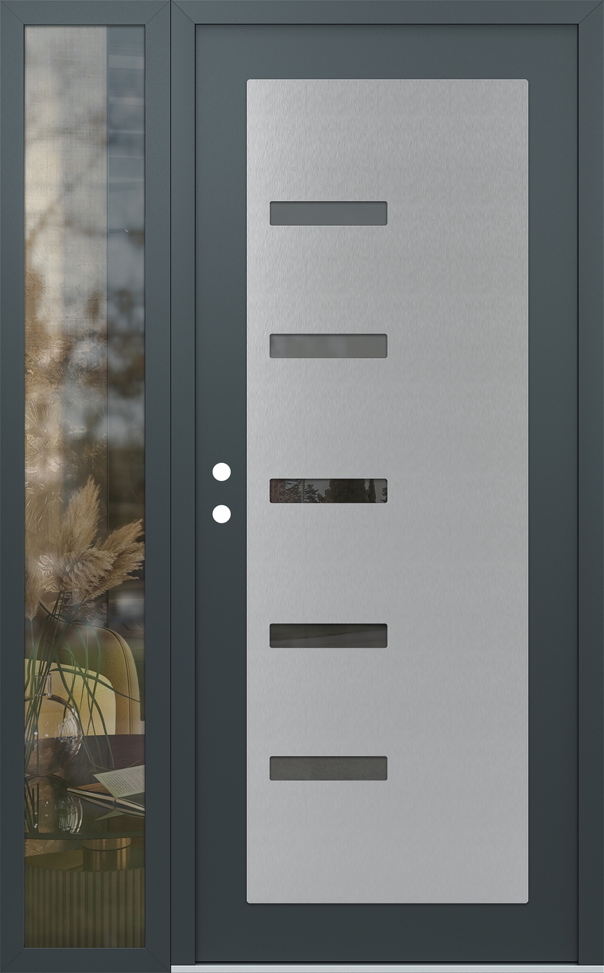 Modern Steel Front Door Diamond C8 52" x 80" anthracite/anthracite mirrored Glass Panel stainless steel RHI with Sidelite clear Glass