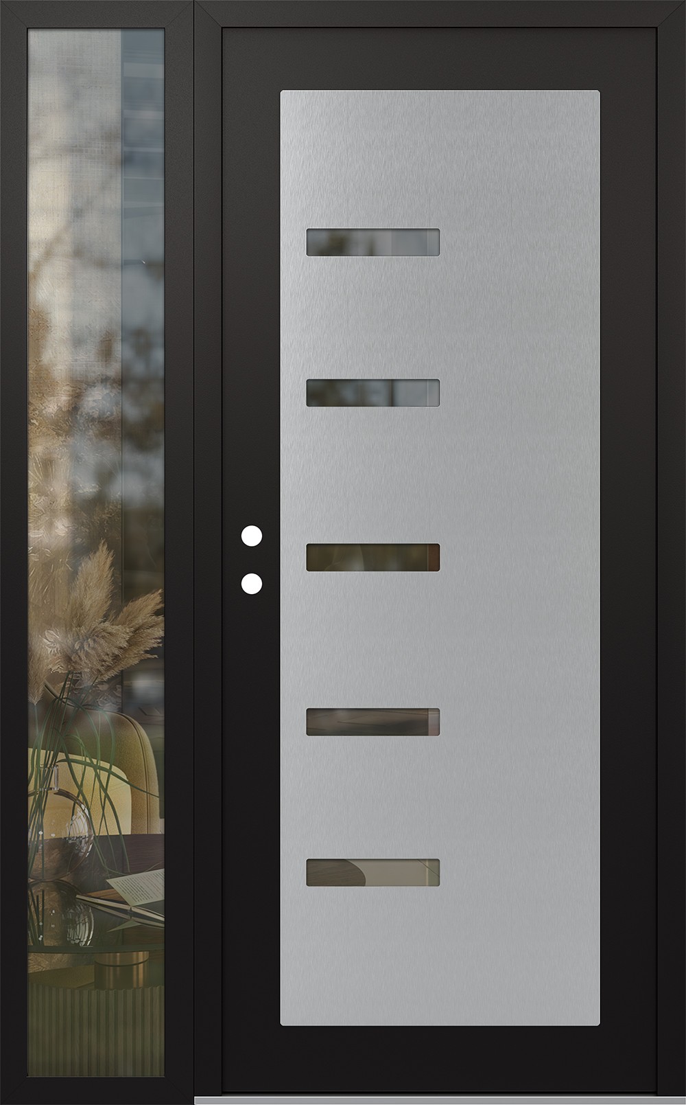 Modern Steel Front Door Diamond C8 52" x 80" black/black clear Glass Panel stainless steel RHI with Sidelite clear Glass