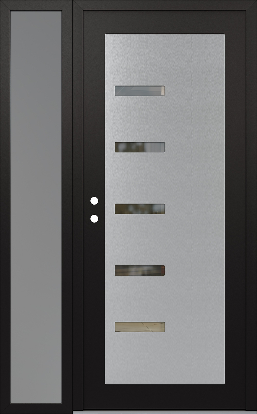 Modern Steel Front Door Diamond C8 52" x 80" black/black clear Glass Panel stainless steel RHI with Sidelite frosted Glass