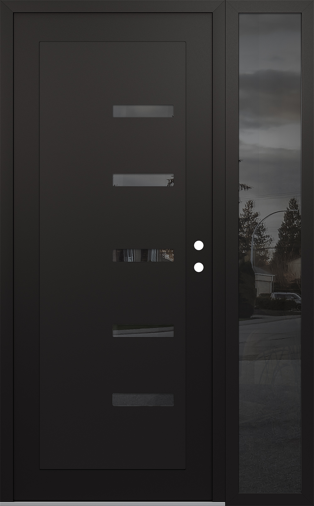 Modern Steel Front Door Diamond C8 52" x 80" black/black mirrored Glass Panel black LHI with Sidelite mirrored Glass