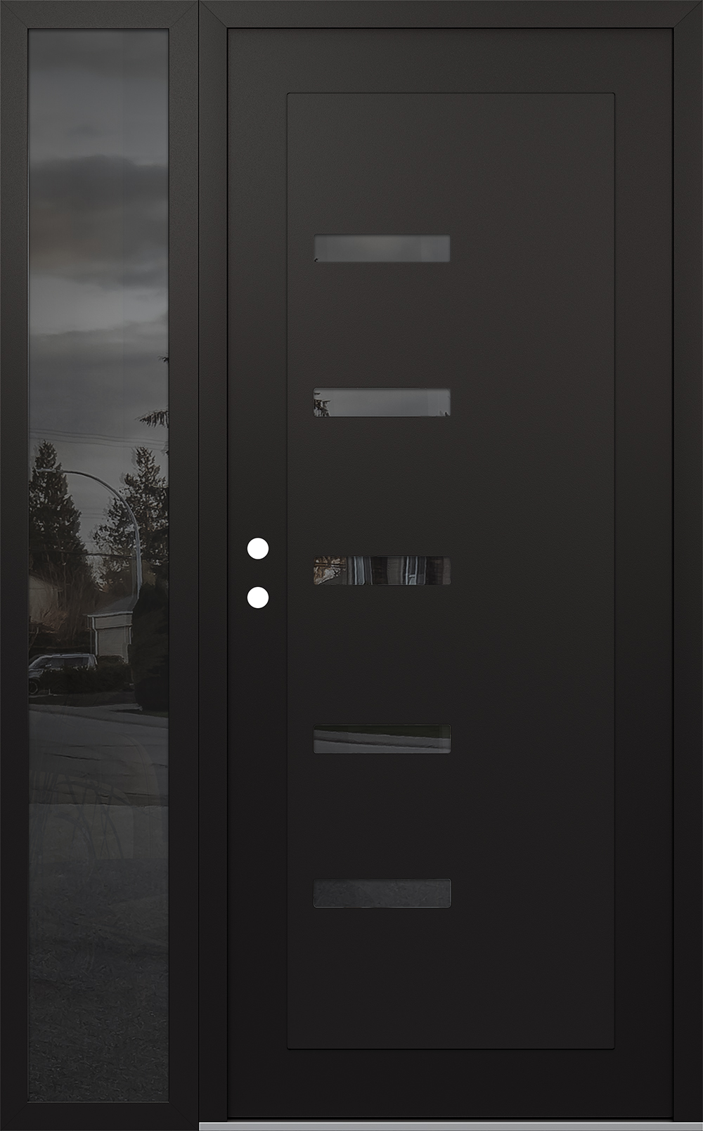 Modern Steel Front Door Diamond C8 52" x 80" black/black mirrored Glass Panel black RHI with Sidelite mirrored Glass