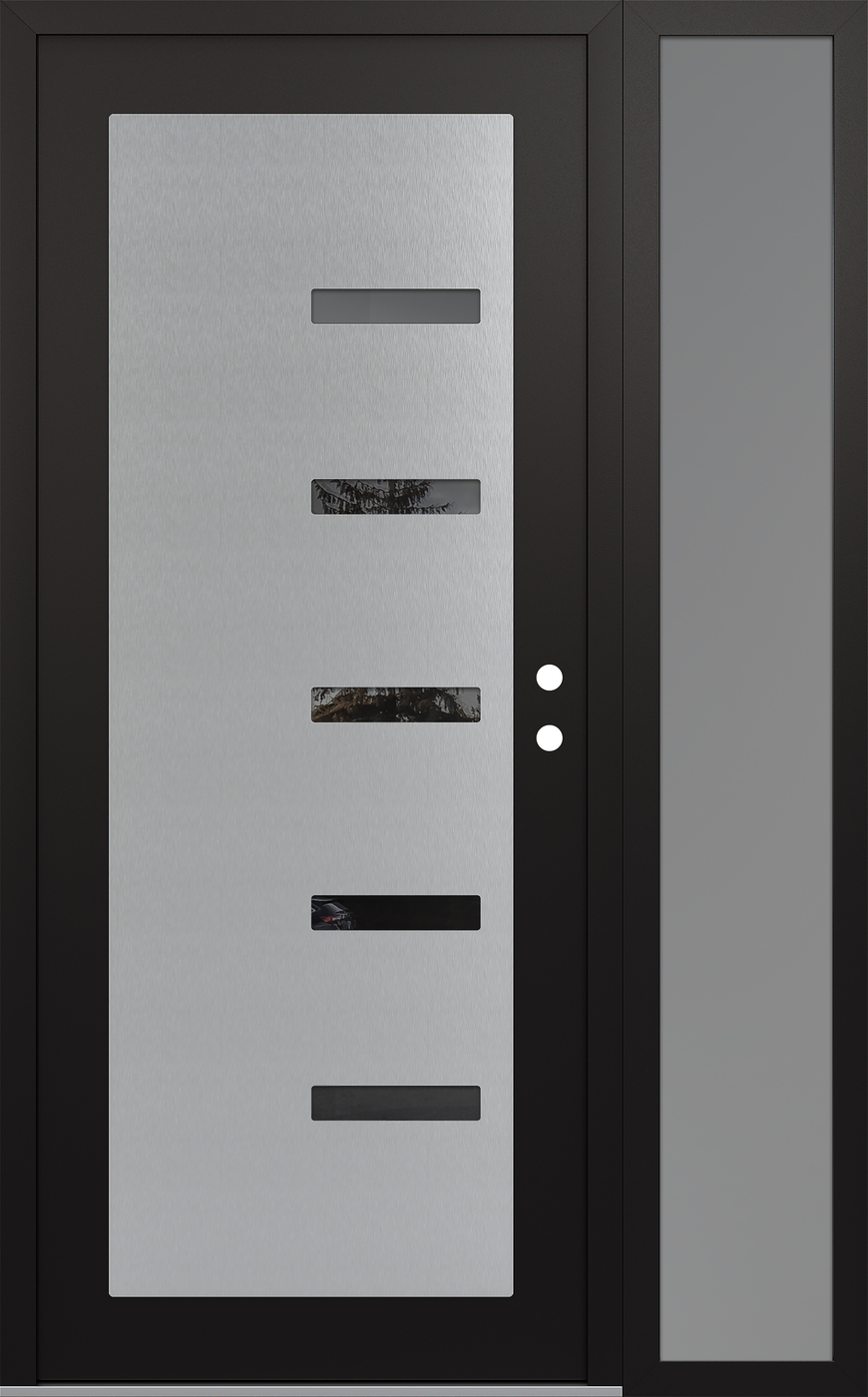 Modern Steel Front Door Diamond C8 52" x 80" black/black mirrored Glass Panel stainless steel LHI with Sidelite frosted Glass