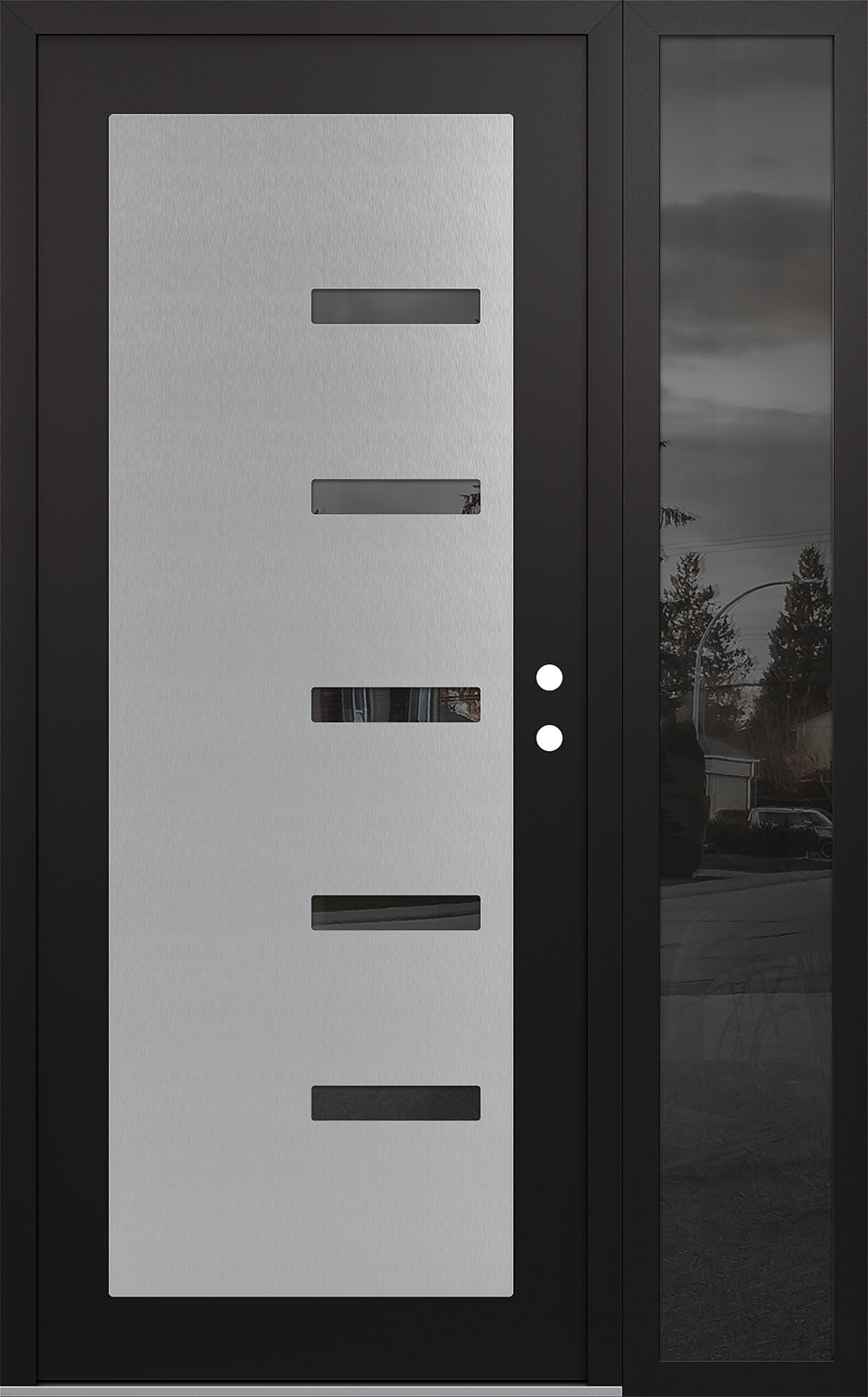 Modern Steel Front Door Diamond C8 52" x 80" black/black mirrored Glass Panel stainless steel LHI with Sidelite mirrored Glass