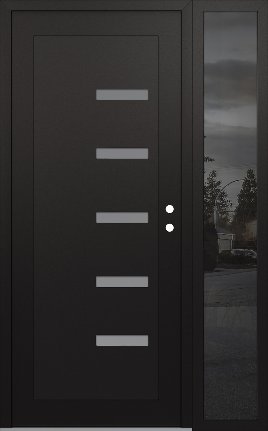 Modern Steel Front Door Diamond C8 52" x 80" black/white frosted Glass Panel black LHI with Sidelite mirrored Glass