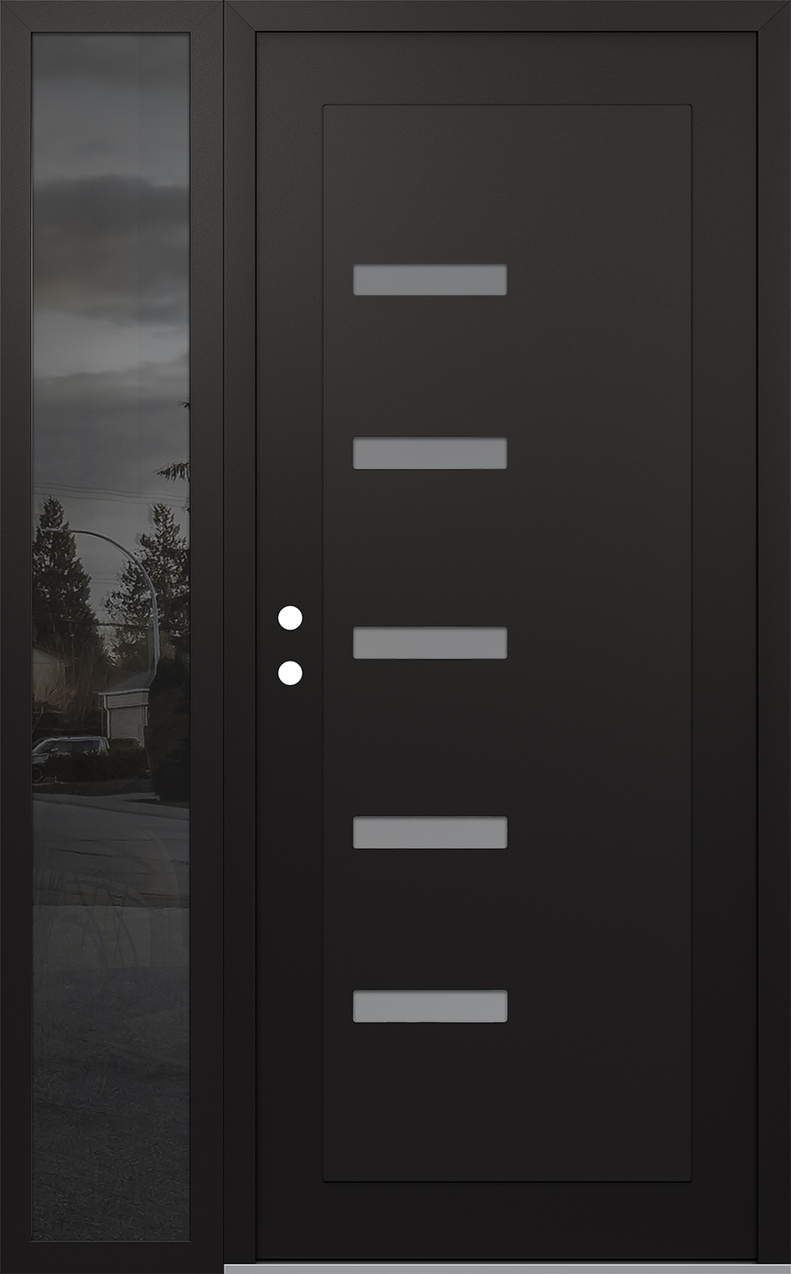Modern Steel Front Door Diamond C8 52" x 80" black/white frosted Glass Panel black RHI with Sidelite mirrored Glass