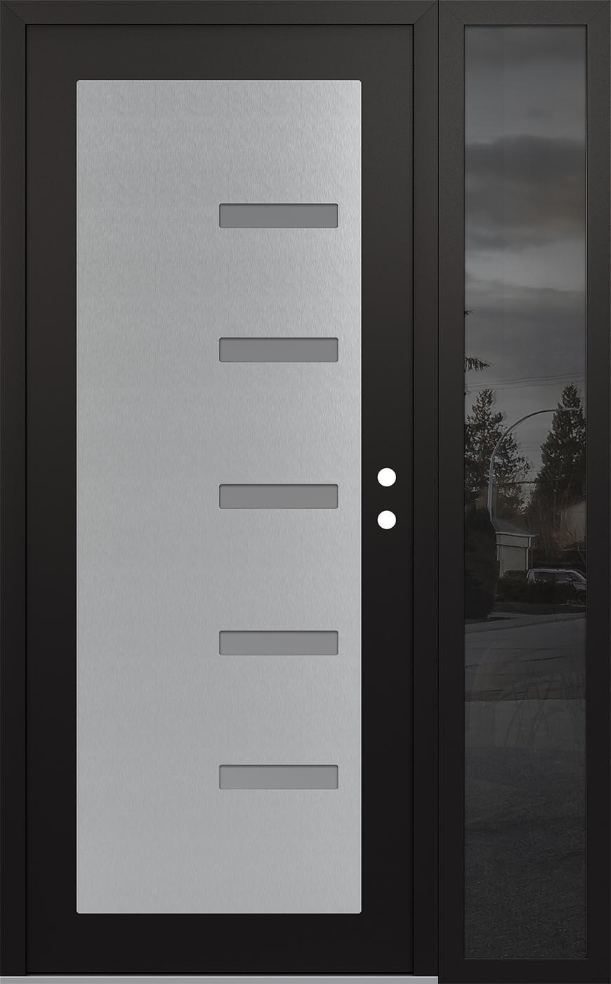 Modern Steel Front Door Diamond C8 52" x 80" black/white frosted Glass Panel stainless steel LHI with Sidelite mirrored Glass