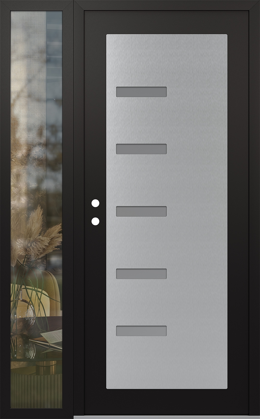 Modern Steel Front Door Diamond C8 52" x 80" black/white frosted Glass Panel stainless steel RHI with Sidelite clear Glass