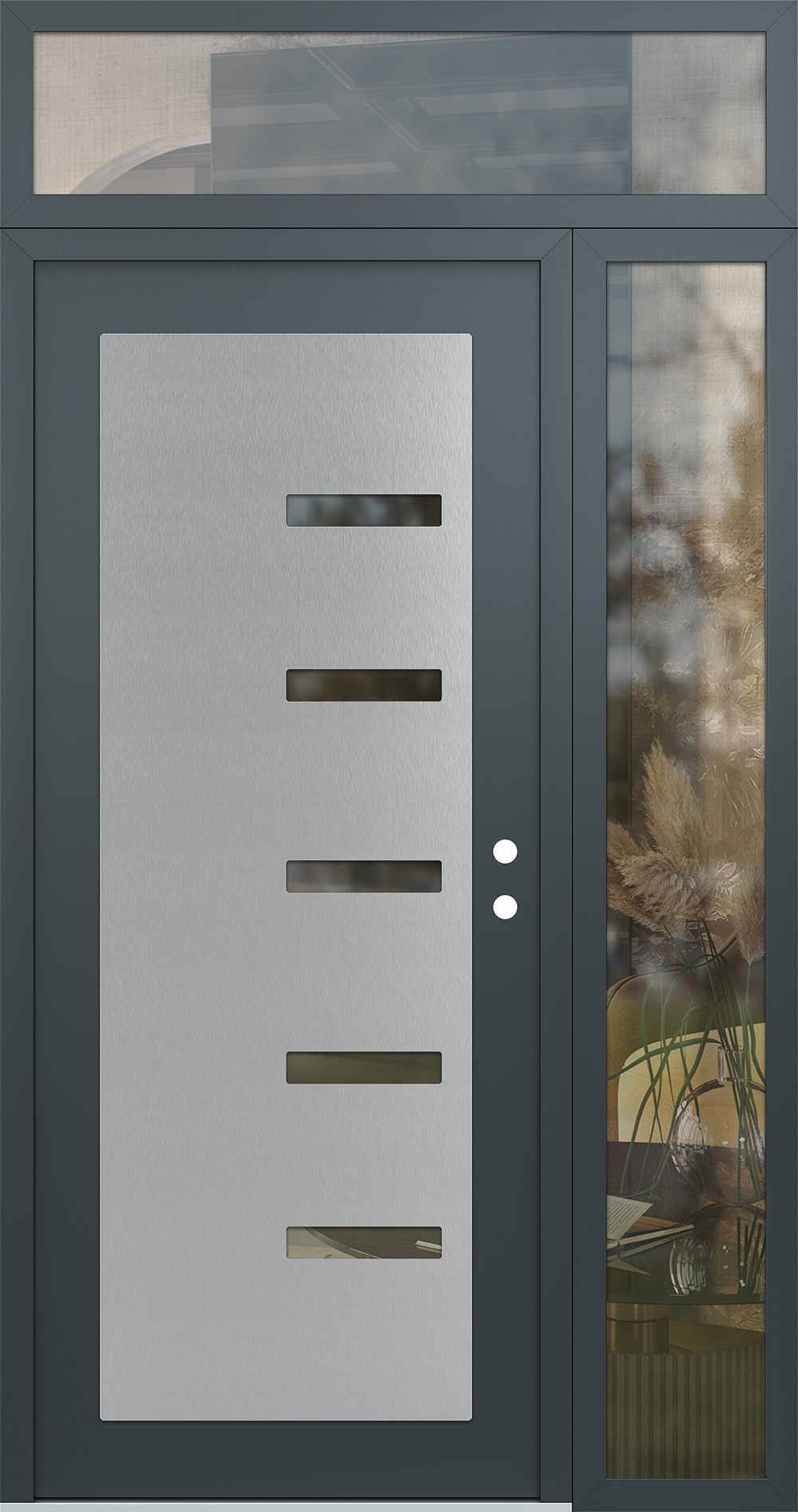 Modern Steel Front Door Diamond C8 52" x 96" anthracite/anthracite clear Glass Panel stainless steel LHI with Sidelite and Transom clear Glass