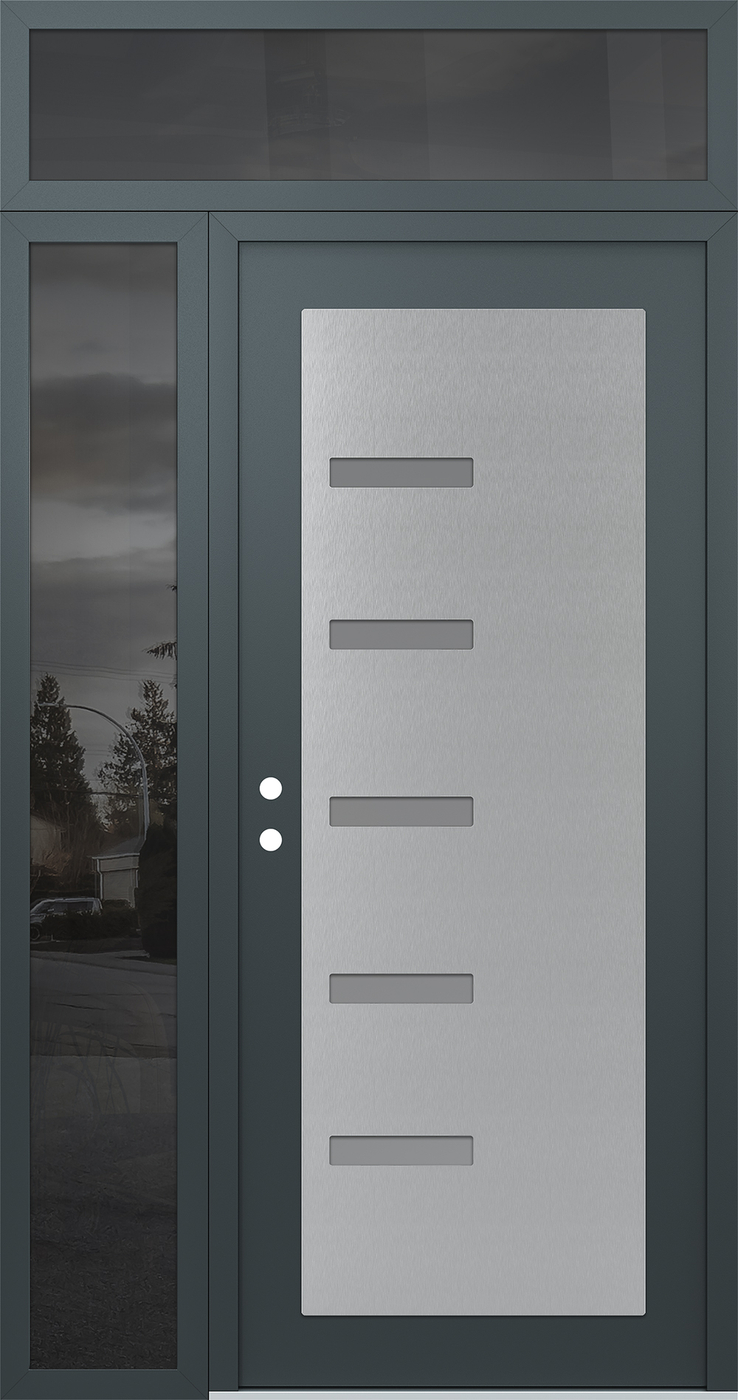 Modern Steel Front Door Diamond C8 52" x 96" anthracite/anthracite frosted Glass Panel stainless steel RHI with Sidelite and Transom mirrored Glass