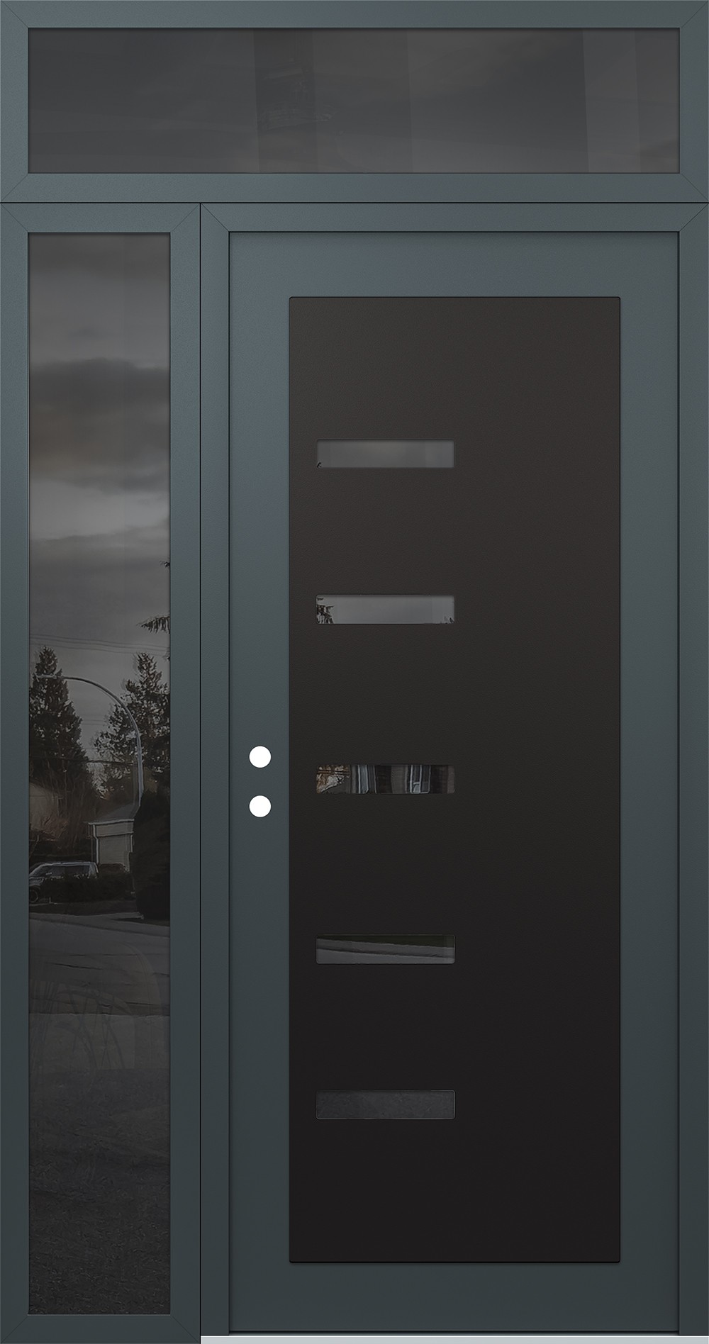 Modern Steel Front Door Diamond C8 52" x 96" anthracite/anthracite mirrored Glass Panel black RHI with Sidelite and Transom mirrored Glass
