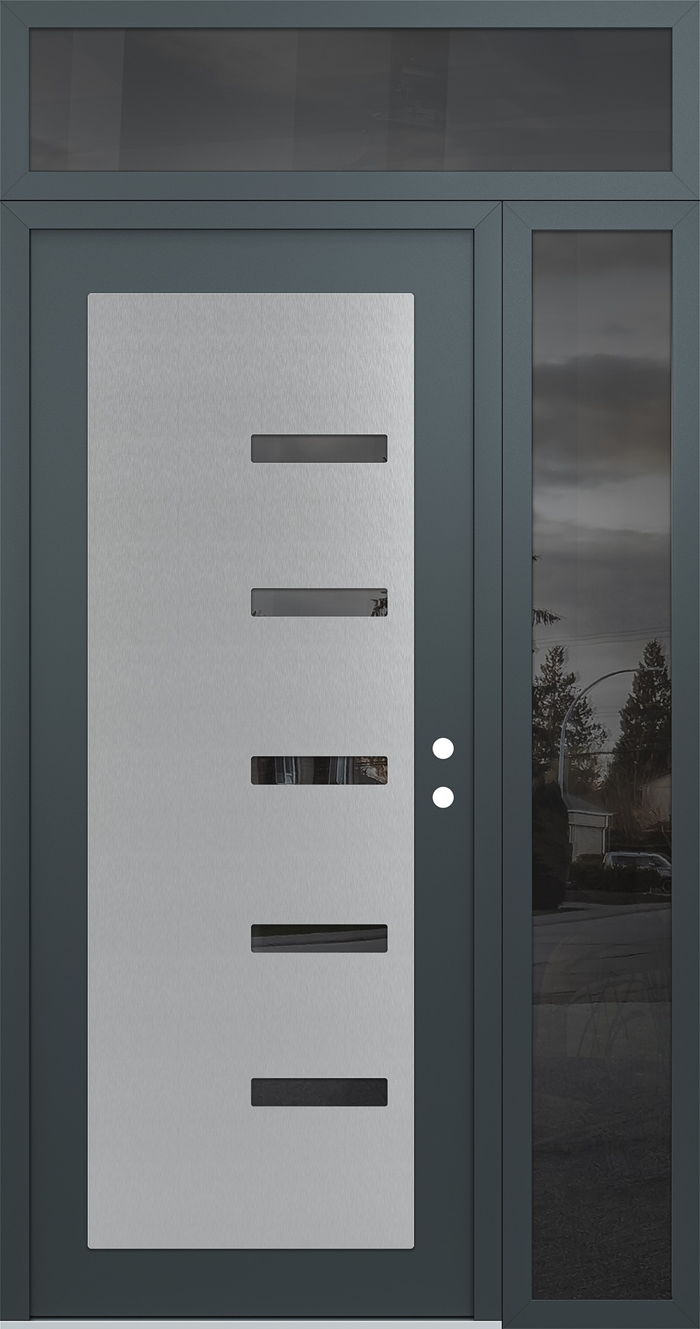 Modern Steel Front Door Diamond C8 52" x 96" anthracite/anthracite mirrored Glass Panel stainless steel LHI with Sidelite and Transom mirrored Glass