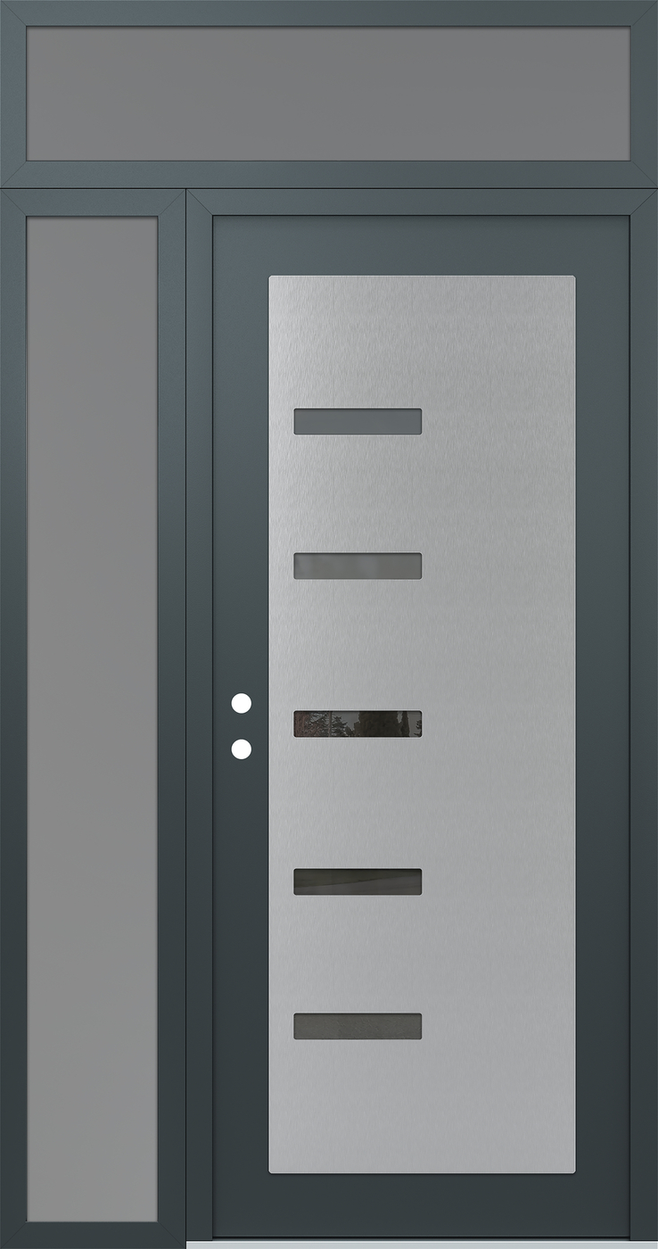 Modern Steel Front Door Diamond C8 52" x 96" anthracite/anthracite mirrored Glass Panel stainless steel RHI with Sidelite and Transom frosted Glass