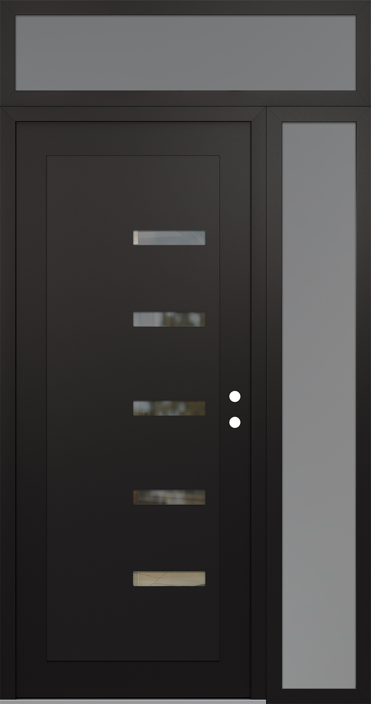 Modern Steel Front Door Diamond C8 52" x 96" black/black clear Glass Panel black LHI with Sidelite and Transom frosted Glass