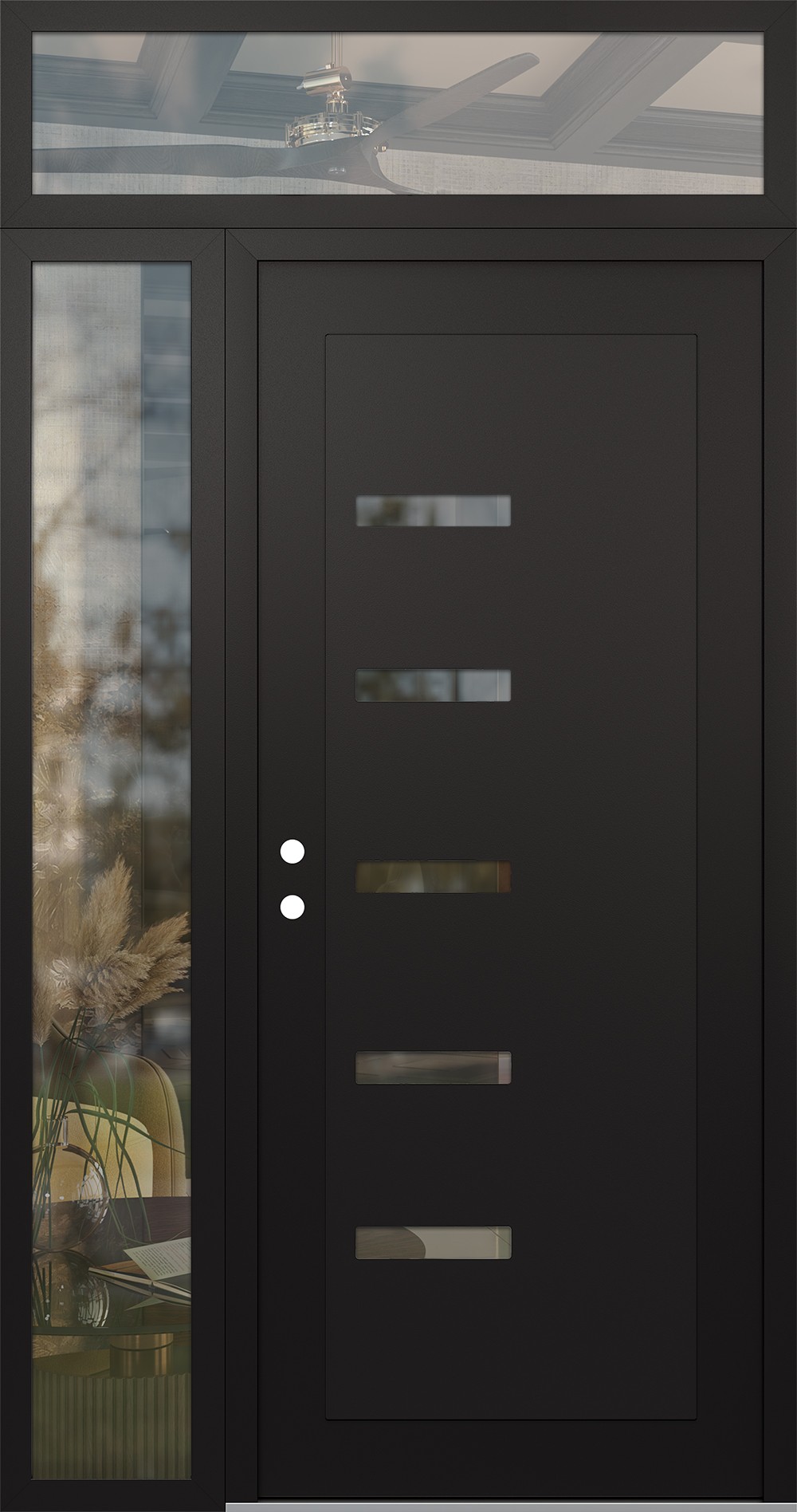 Modern Steel Front Door Diamond C8 52" x 96" black/black clear Glass Panel black RHI with Sidelite and Transom clear Glass