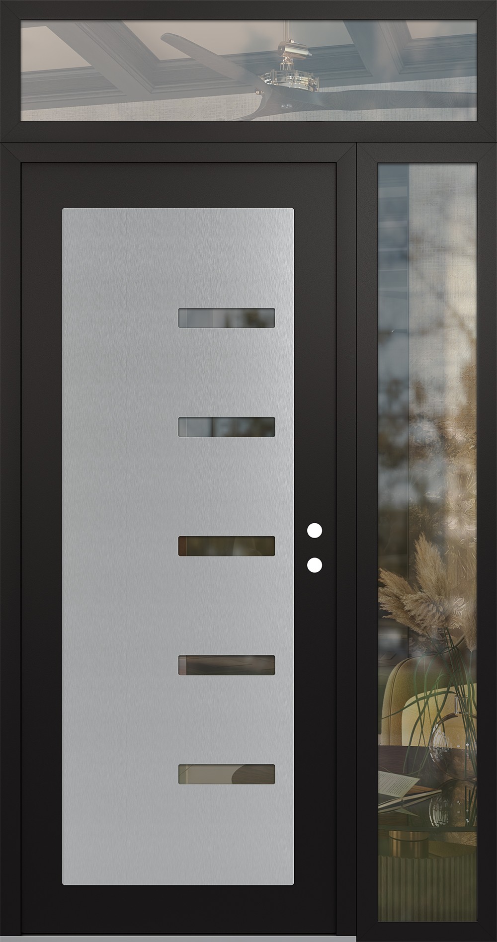Modern Steel Front Door Diamond C8 52" x 96" black/black clear Glass Panel stainless steel LHI with Sidelite and Transom clear Glass