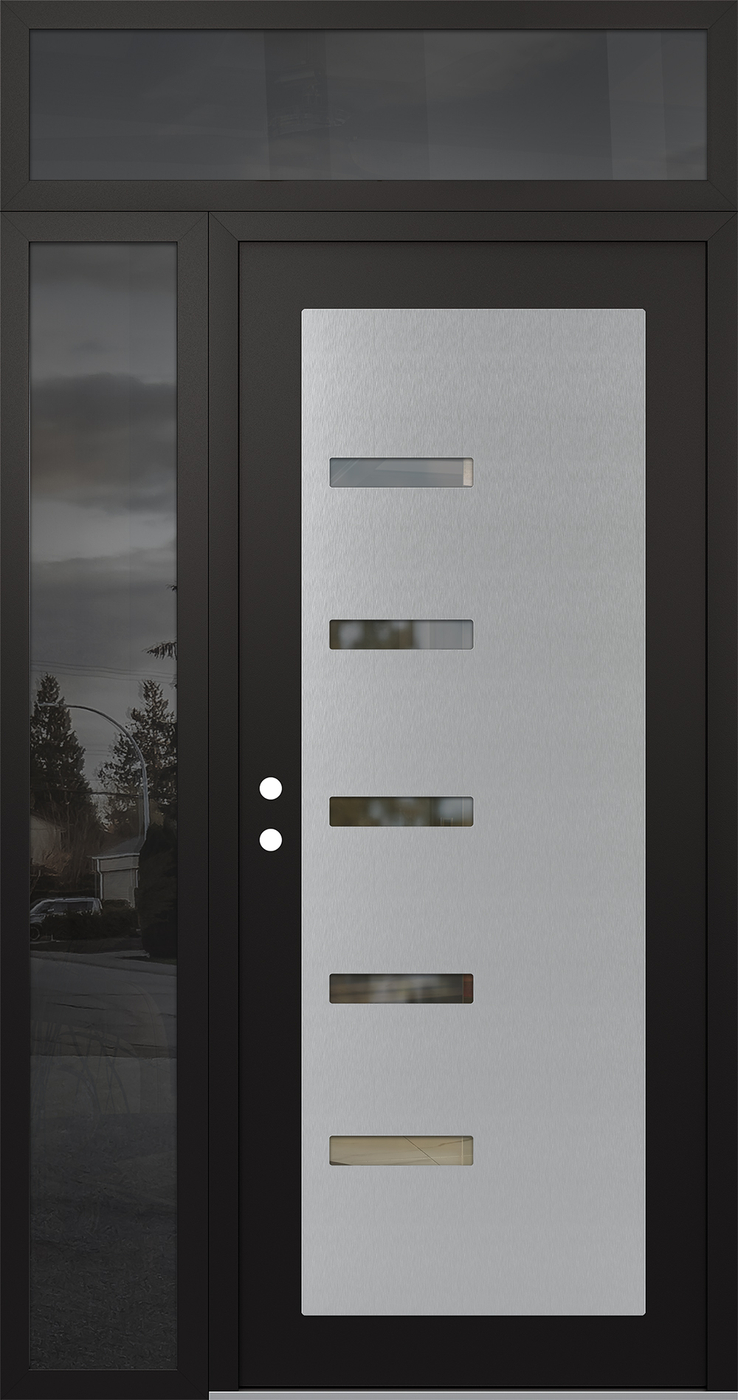 Modern Steel Front Door Diamond C8 52" x 96" black/black clear Glass Panel stainless steel RHI with Sidelite and Transom mirrored Glass