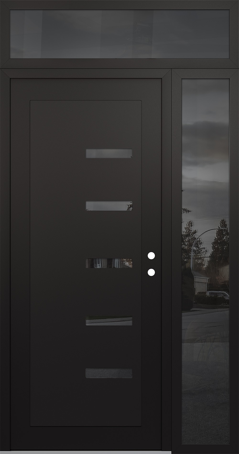 Modern Steel Front Door Diamond C8 52" x 96" black/black mirrored Glass Panel black LHI with Sidelite and Transom mirrored Glass