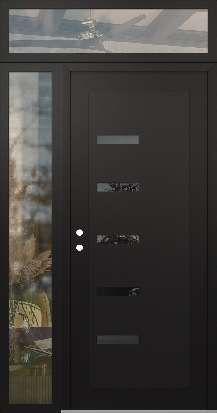 Modern Steel Front Door Diamond C8 52" x 96" black/black mirrored Glass Panel black RHI with Sidelite and Transom clear Glass