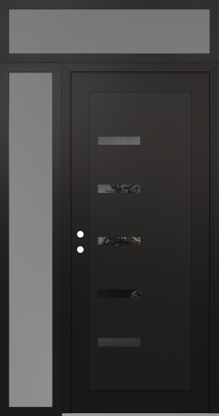 Modern Steel Front Door Diamond C8 52" x 96" black/black mirrored Glass Panel black RHI with Sidelite and Transom frosted Glass
