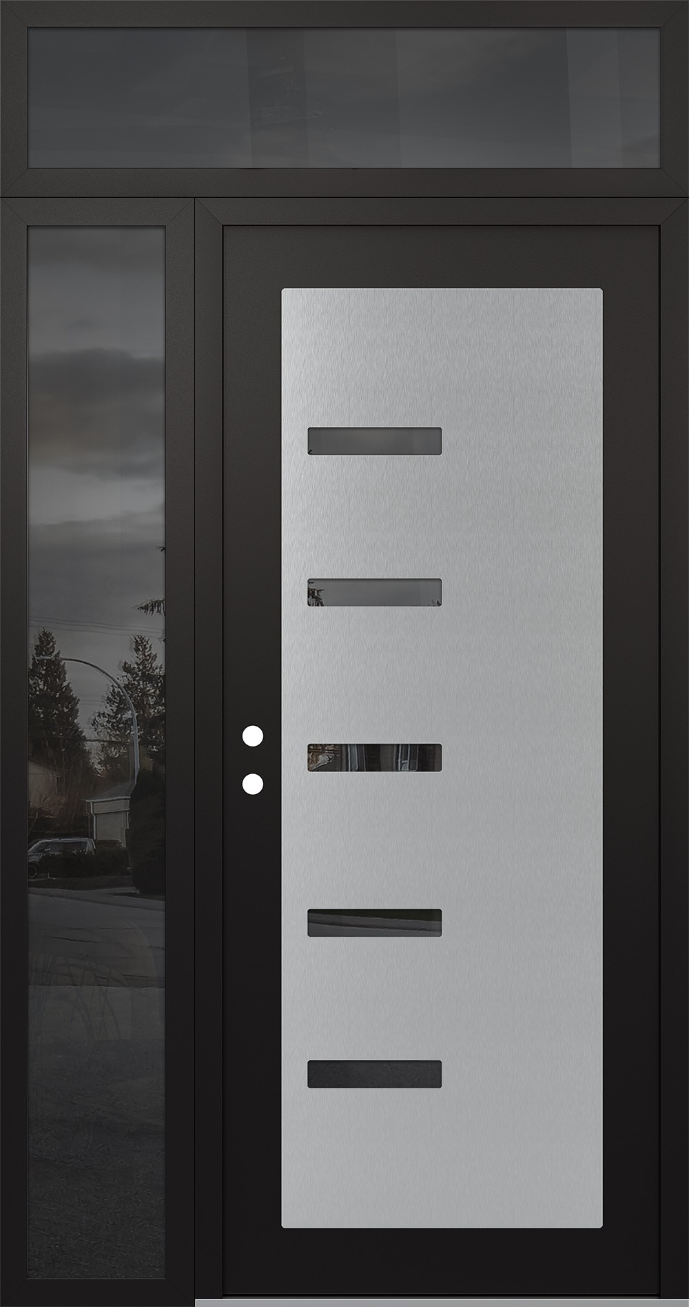 Modern Steel Front Door Diamond C8 52" x 96" black/black mirrored Glass Panel stainless steel RHI with Sidelite and Transom mirrored Glass