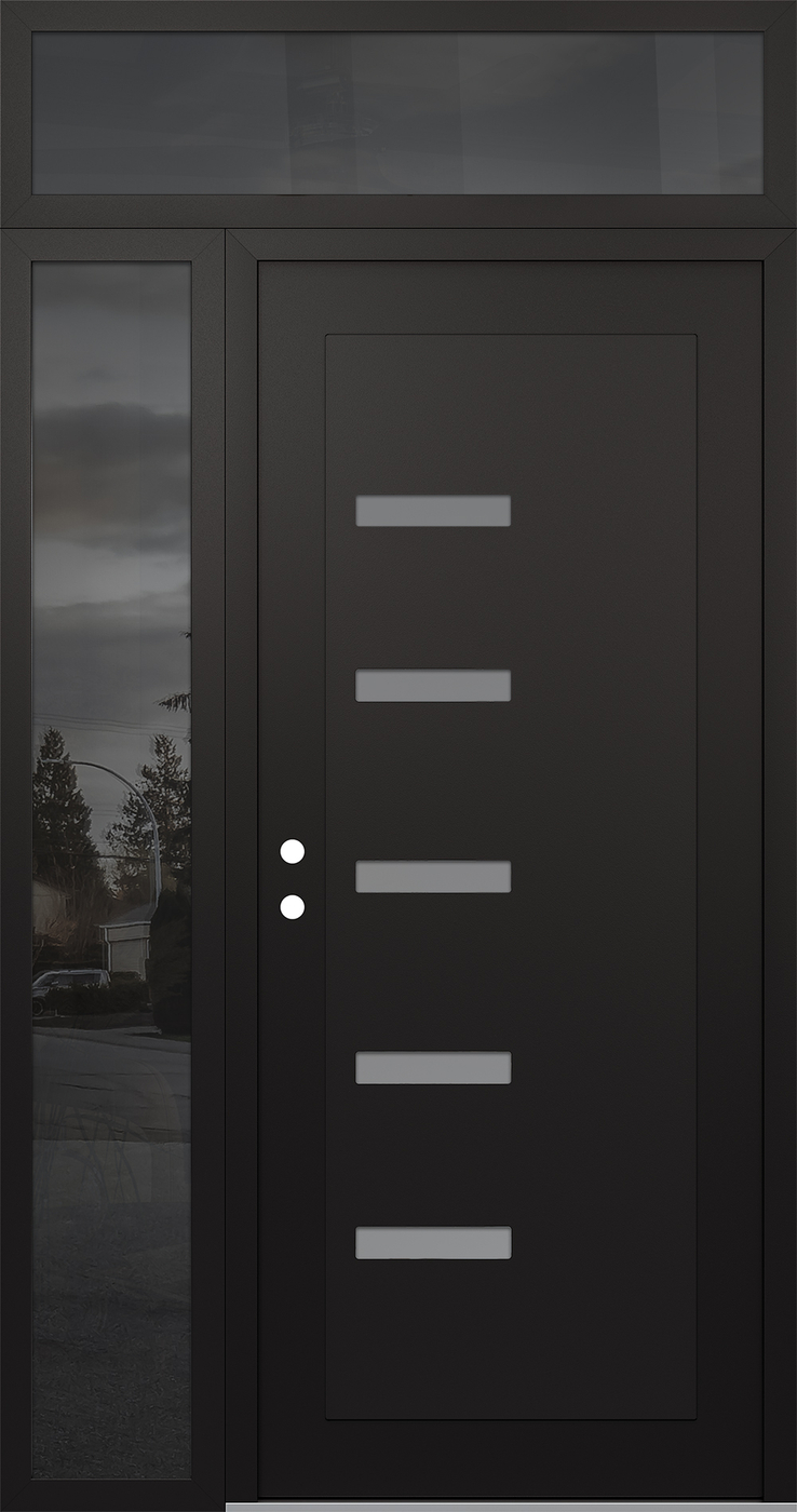 Modern Steel Front Door Diamond C8 52" x 96" black/white frosted Glass Panel black RHI with Sidelite and Transom mirrored Glass