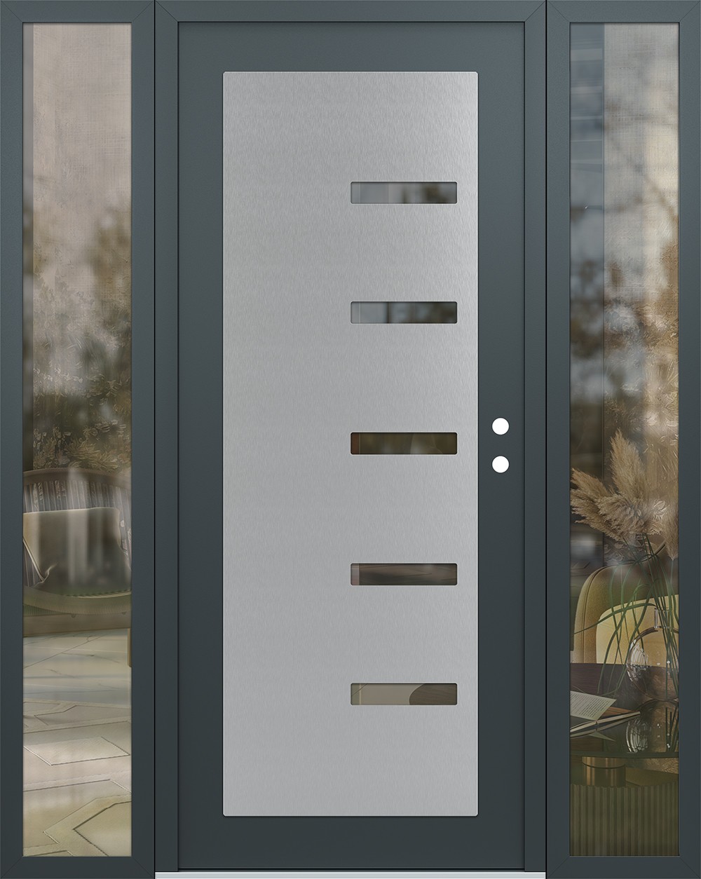 Modern Steel Front Door Diamond C8 60" x 80" anthracite/anthracite clear Glass Panel stainless steel LHI with 2 Sidelites clear Glass