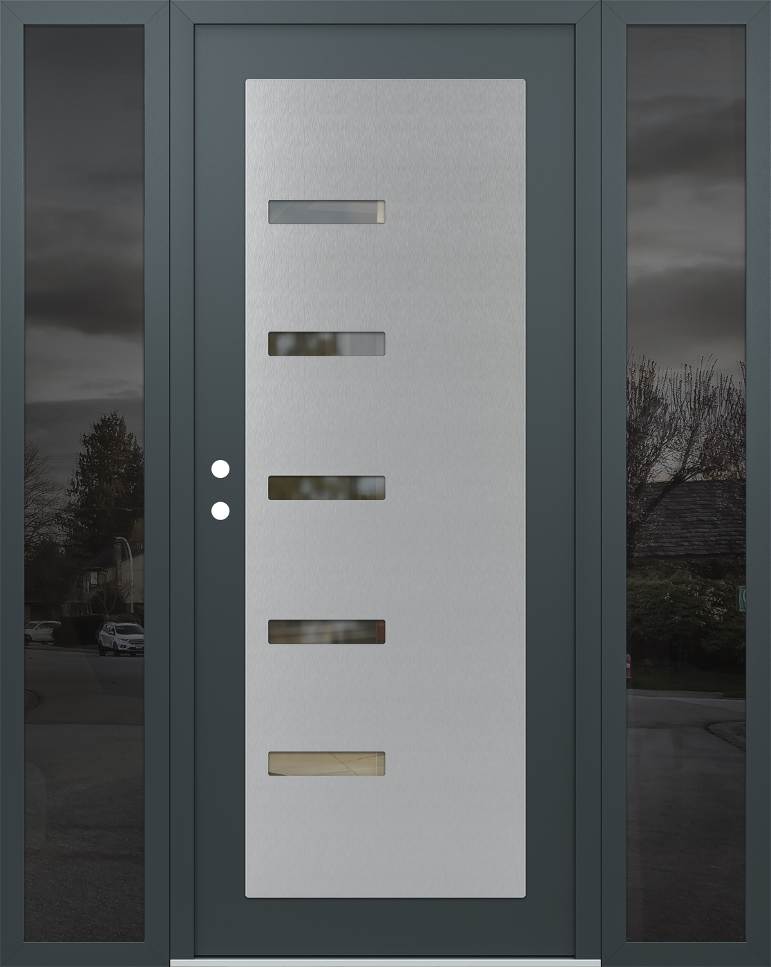 Modern Steel Front Door Diamond C8 60" x 80" anthracite/anthracite clear Glass Panel stainless steel RHI with 2 Sidelites mirrored Glass