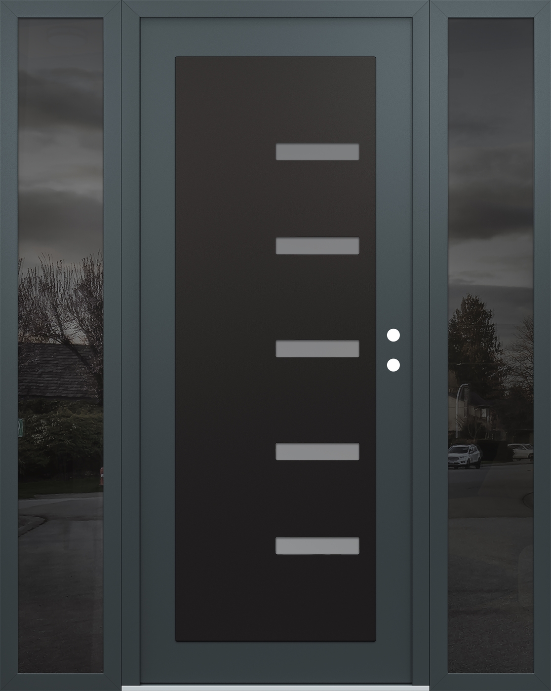 Modern Steel Front Door Diamond C8 60" x 80" anthracite/anthracite frosted Glass Panel black LHI with 2 Sidelites mirrored Glass