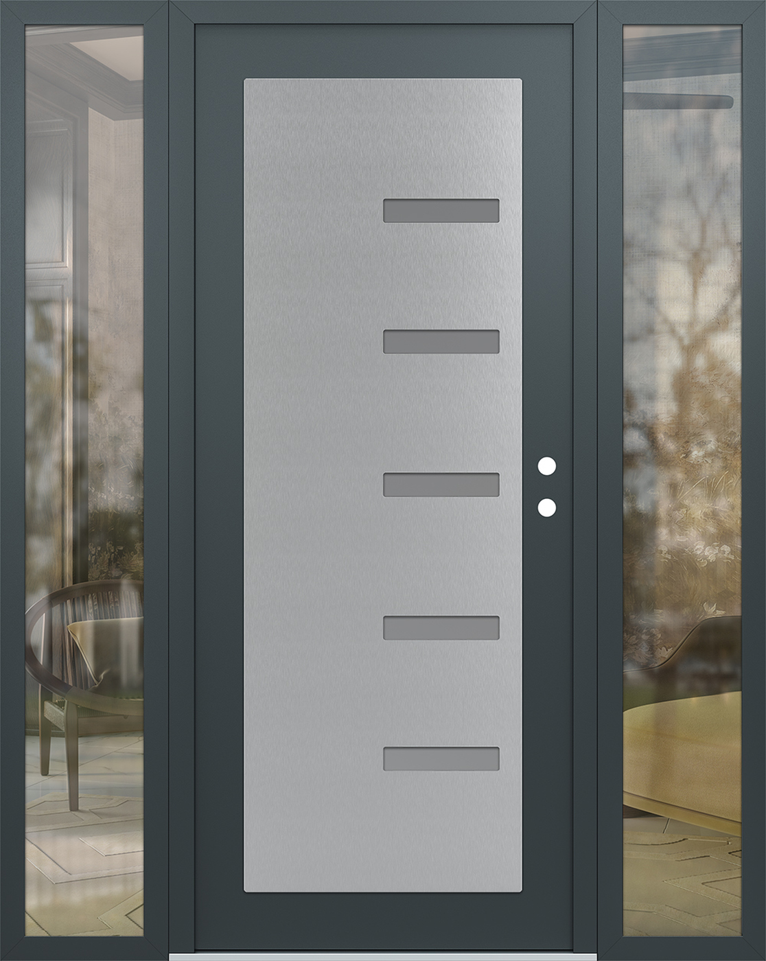Modern Steel Front Door Diamond C8 60" x 80" anthracite/anthracite frosted Glass Panel stainless steel LHI with 2 Sidelites clear Glass
