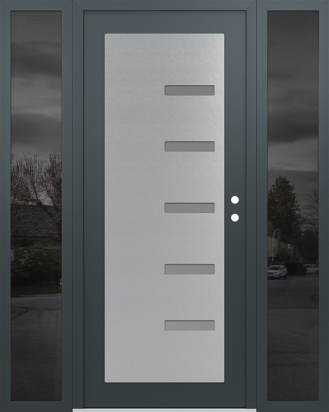 Modern Steel Front Door Diamond C8 60" x 80" anthracite/anthracite frosted Glass Panel stainless steel LHI with 2 Sidelites mirrored Glass