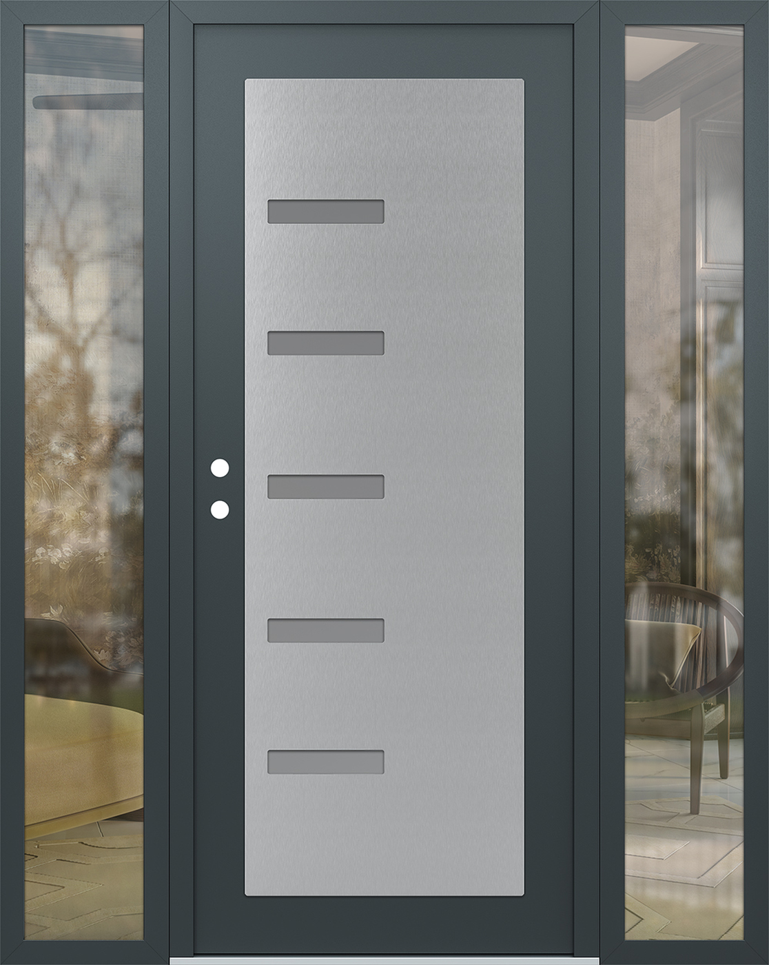 Modern Steel Front Door Diamond C8 60" x 80" anthracite/anthracite frosted Glass Panel stainless steel RHI with 2 Sidelites clear Glass