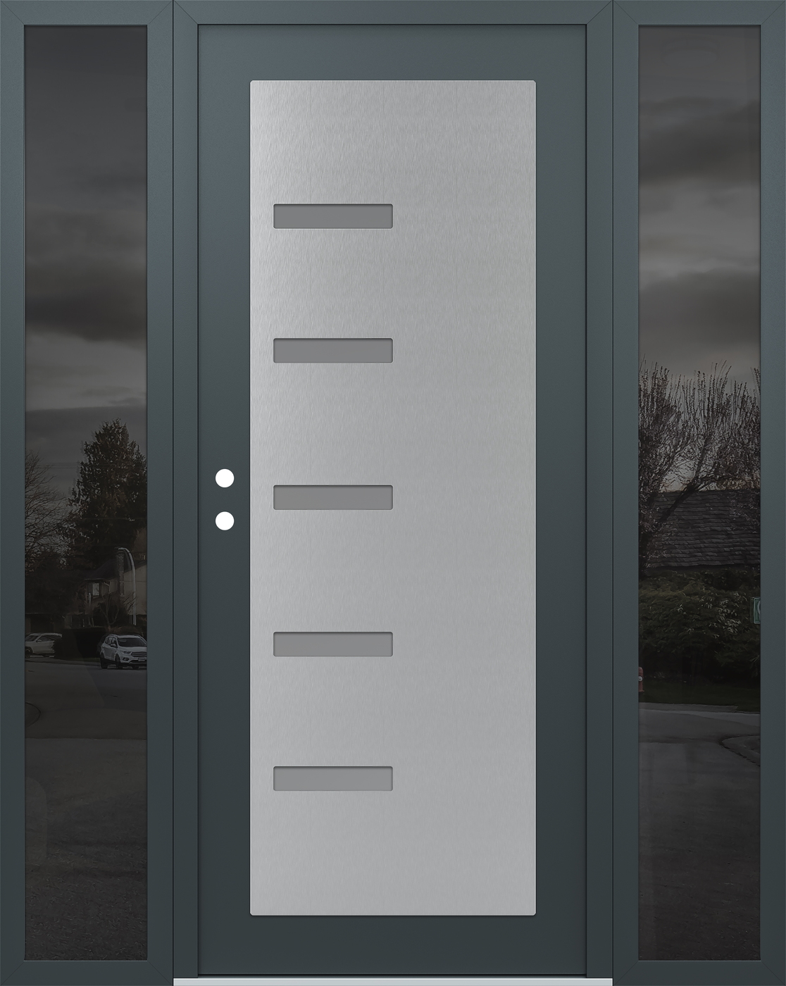 Modern Steel Front Door Diamond C8 60" x 80" anthracite/anthracite frosted Glass Panel stainless steel RHI with 2 Sidelites mirrored Glass