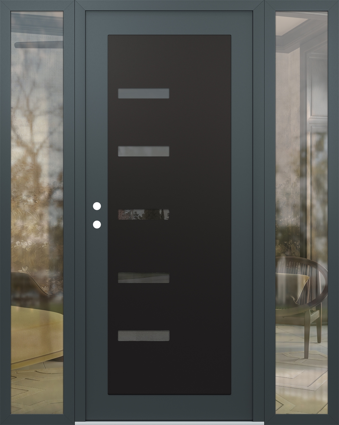 Modern Steel Front Door Diamond C8 60" x 80" anthracite/anthracite mirrored Glass Panel black RHI with 2 Sidelites clear Glass