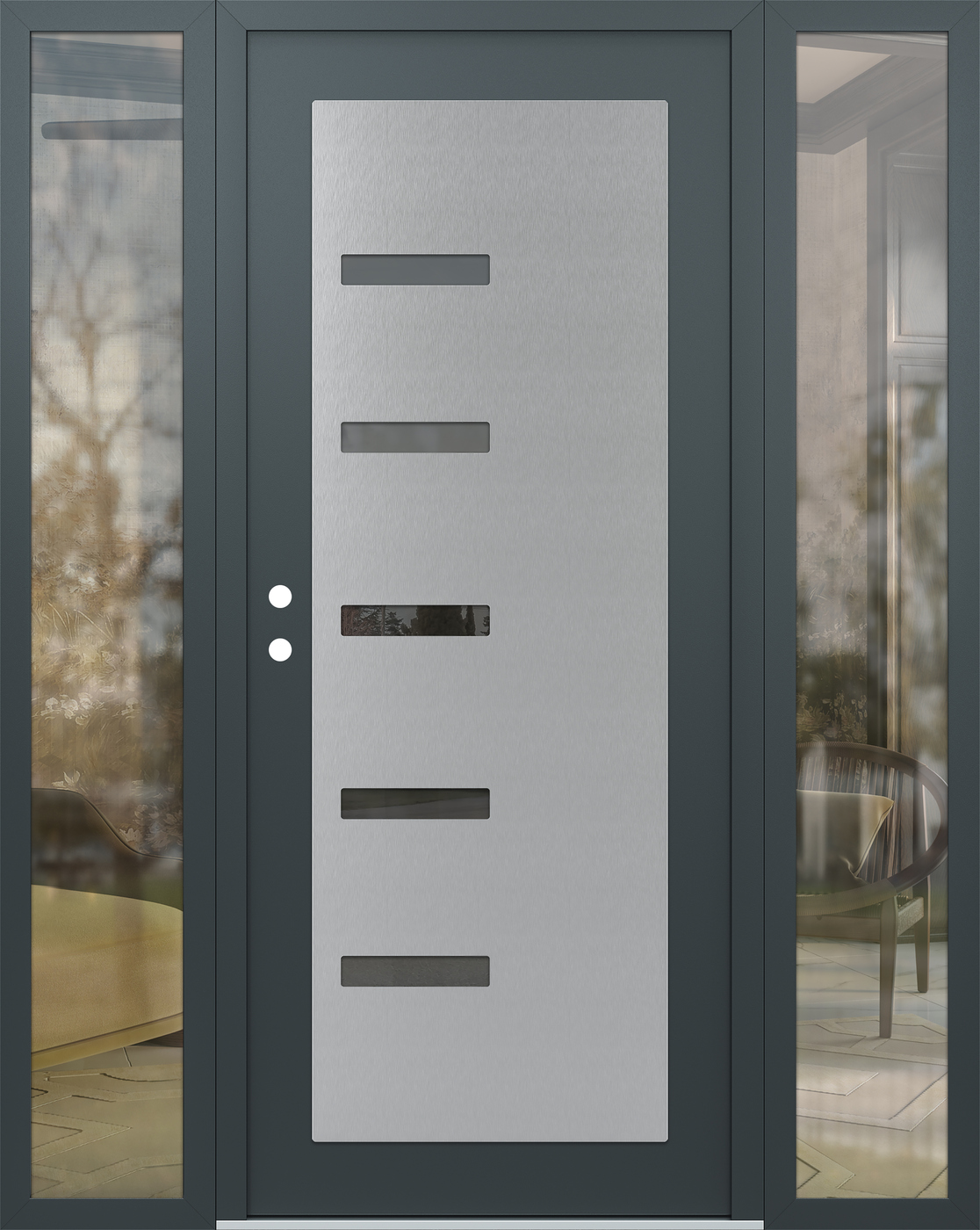 Modern Steel Front Door Diamond C8 60" x 80" anthracite/anthracite mirrored Glass Panel stainless steel RHI with 2 Sidelites clear Glass