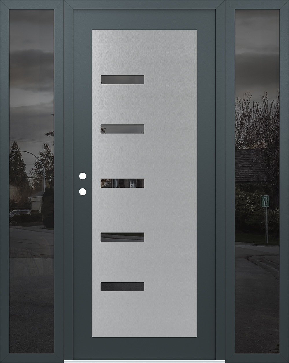 Modern Steel Front Door Diamond C8 60" x 80" anthracite/anthracite mirrored Glass Panel stainless steel RHI with 2 Sidelites mirrored Glass