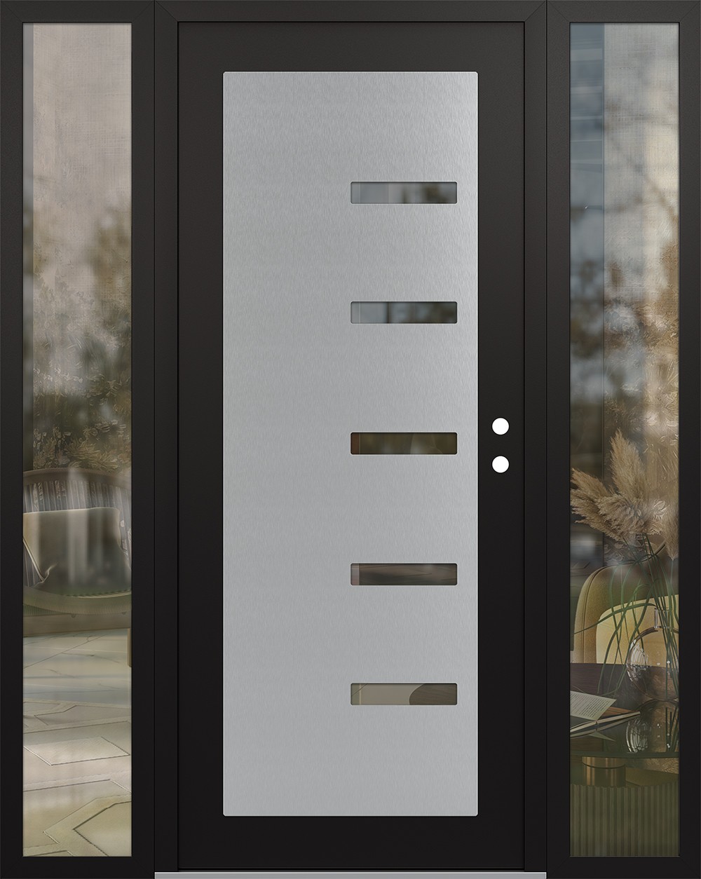 Modern Steel Front Door Diamond C8 60" x 80" black/black clear Glass Panel stainless steel LHI with 2 Sidelites clear Glass