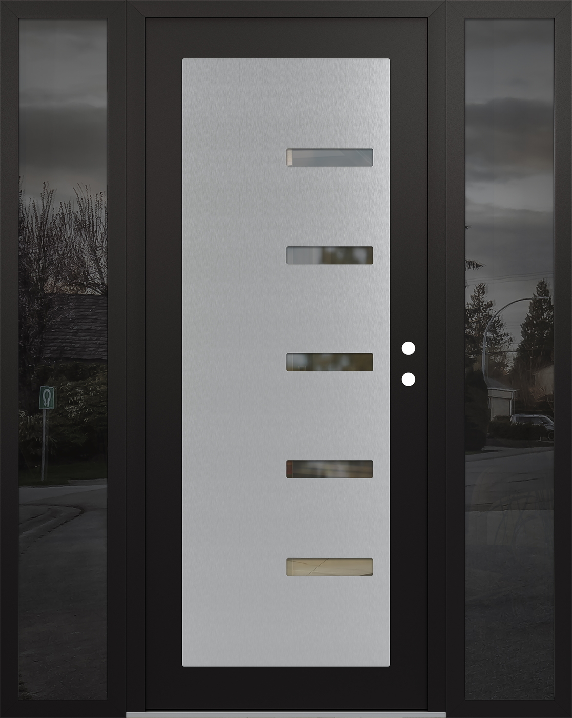 Modern Steel Front Door Diamond C8 60" x 80" black/black clear Glass Panel stainless steel LHI with 2 Sidelites mirrored Glass