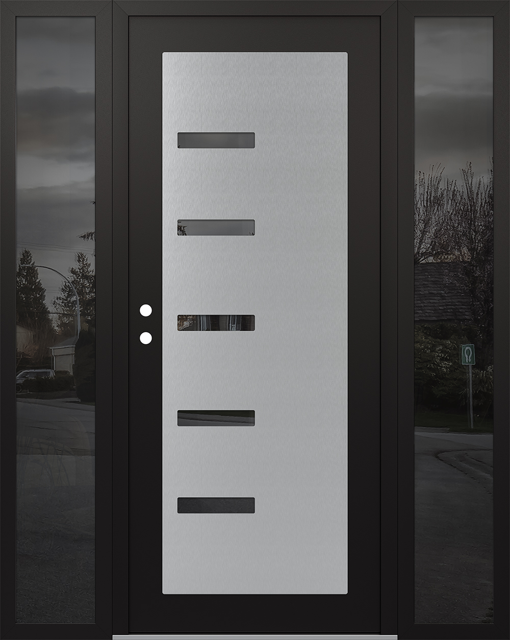 Modern Steel Front Door Diamond C8 60" x 80" black/black mirrored Glass Panel stainless steel RHI with 2 Sidelites mirrored Glass