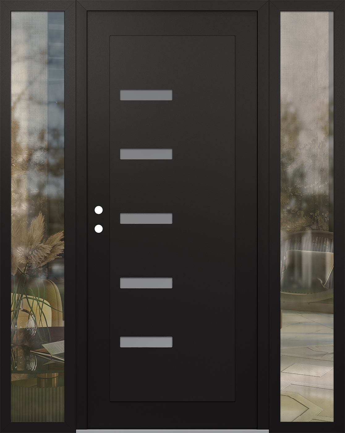 Modern Steel Front Door Diamond C8 60" x 80" black/white frosted Glass Panel black RHI with 2 Sidelites clear Glass