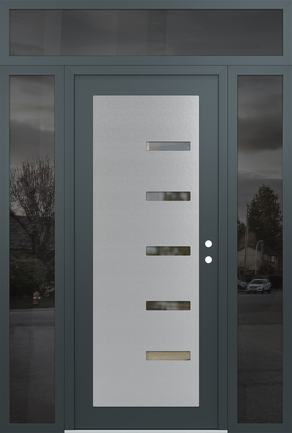 Modern Steel Front Door Diamond C8 60" x 96" anthracite/anthracite clear Glass Panel stainless steel LHI with 2 Sidelites and Transom mirrored Glass