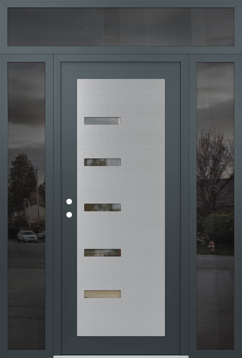 Modern Steel Front Door Diamond C8 60" x 96" anthracite/anthracite clear Glass Panel stainless steel RHI with 2 Sidelites and Transom mirrored Glass