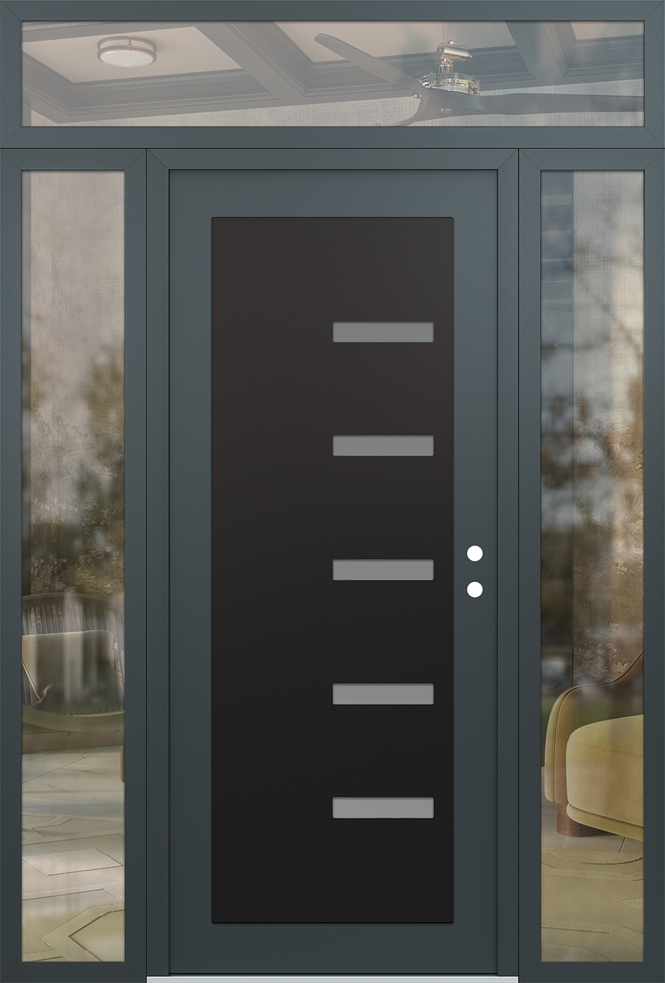 Modern Steel Front Door Diamond C8 60" x 96" anthracite/anthracite frosted Glass Panel black LHI with 2 Sidelites and Transom clear Glass