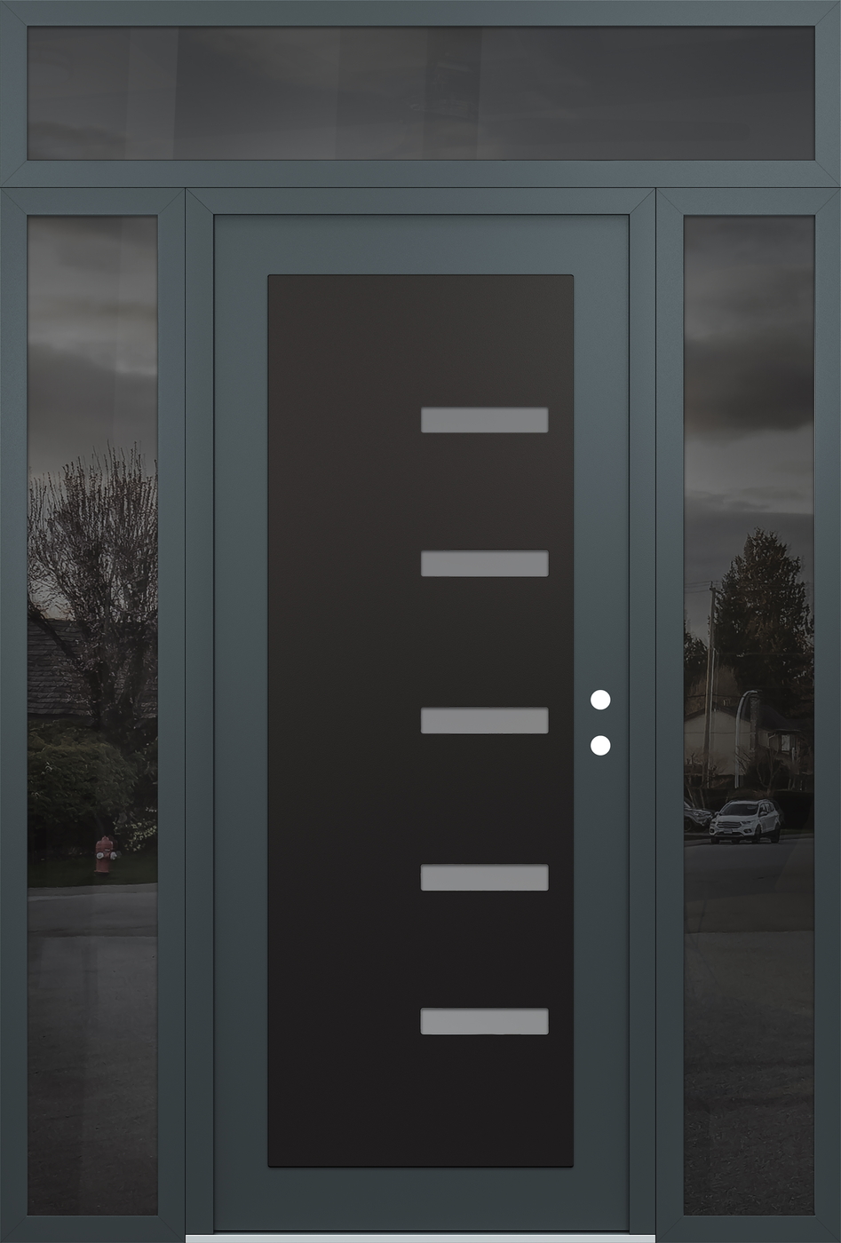 Modern Steel Front Door Diamond C8 60" x 96" anthracite/anthracite frosted Glass Panel black LHI with 2 Sidelites and Transom mirrored Glass
